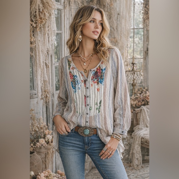Aratta Tops - NWT Aratta Silent Journey Corset Button Back Cotton Linen Stripe Floral S
